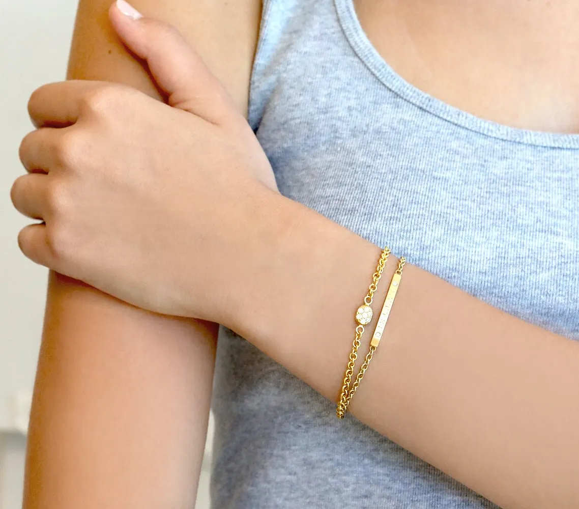 "Good Fortune to You" 18 & 20K Gold Bar Bracelet with Hand Engraved Lettering and Diamonds