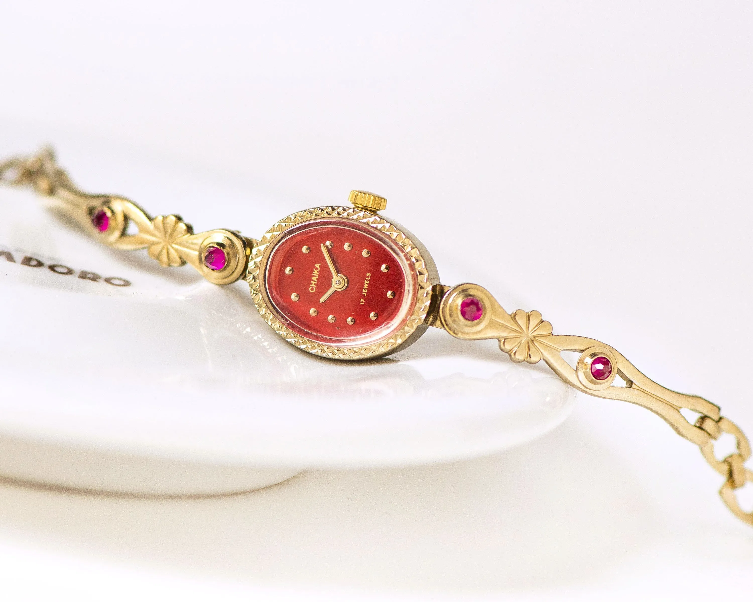 Red cocktail watch for women Seagull, women's watch gold shade, oval face lady watch, mint condition lady watch bracelet, posh women's watch