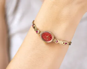 Red cocktail watch for women Seagull, women's watch gold shade, oval face lady watch, mint condition lady watch bracelet, posh women's watch