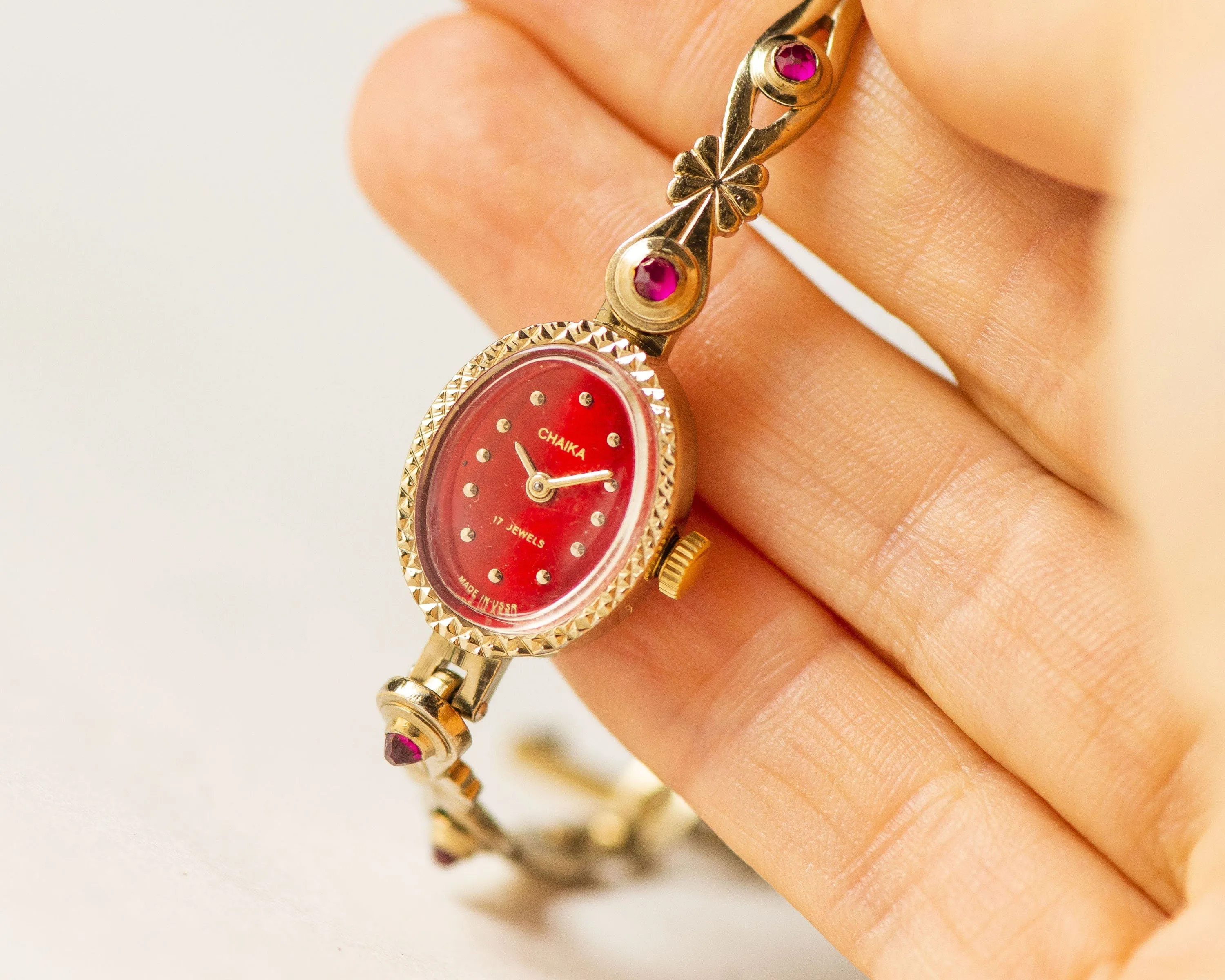 Red cocktail watch for women Seagull, women's watch gold shade, oval face lady watch, mint condition lady watch bracelet, posh women's watch