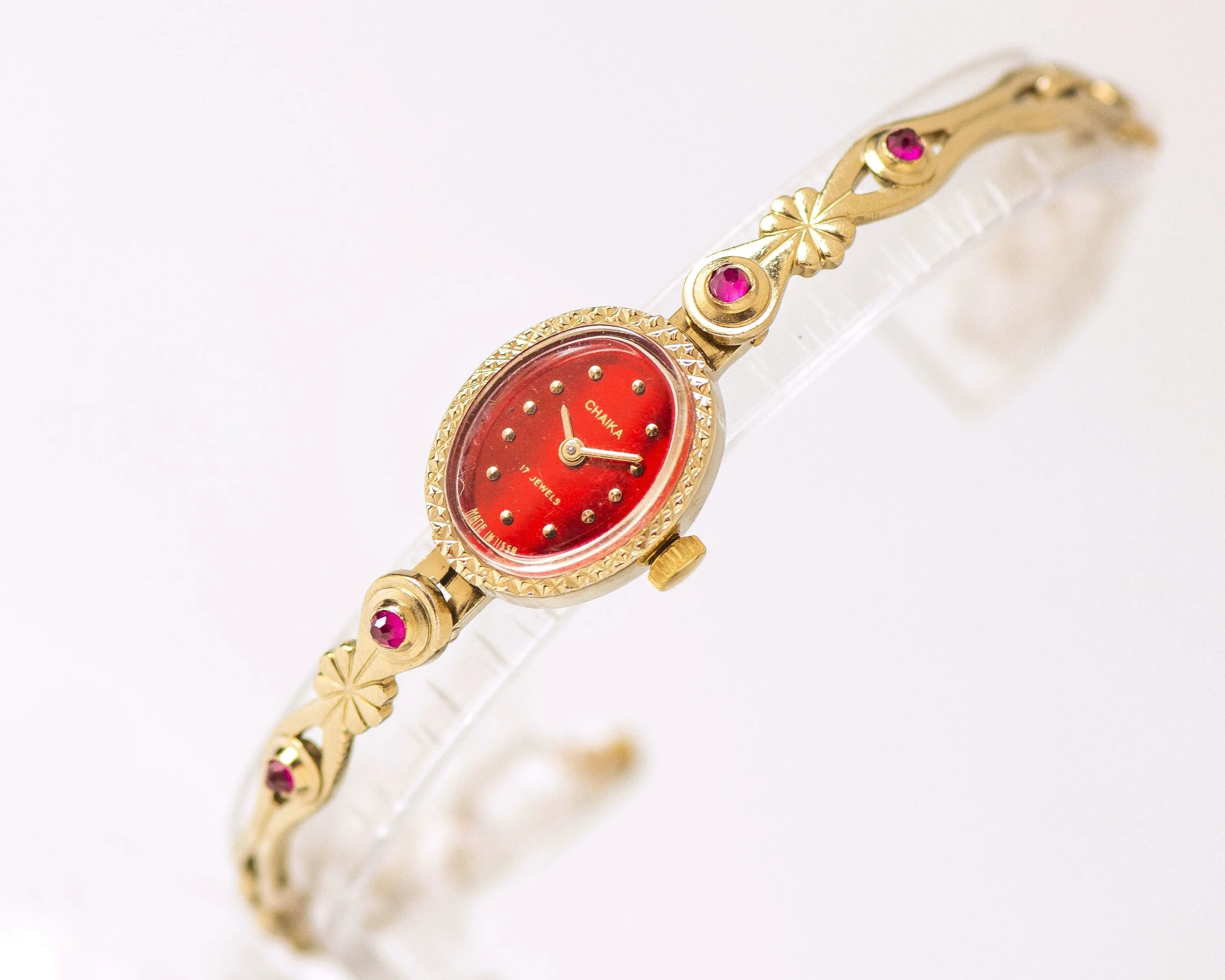 Red cocktail watch for women Seagull, women's watch gold shade, oval face lady watch, mint condition lady watch bracelet, posh women's watch