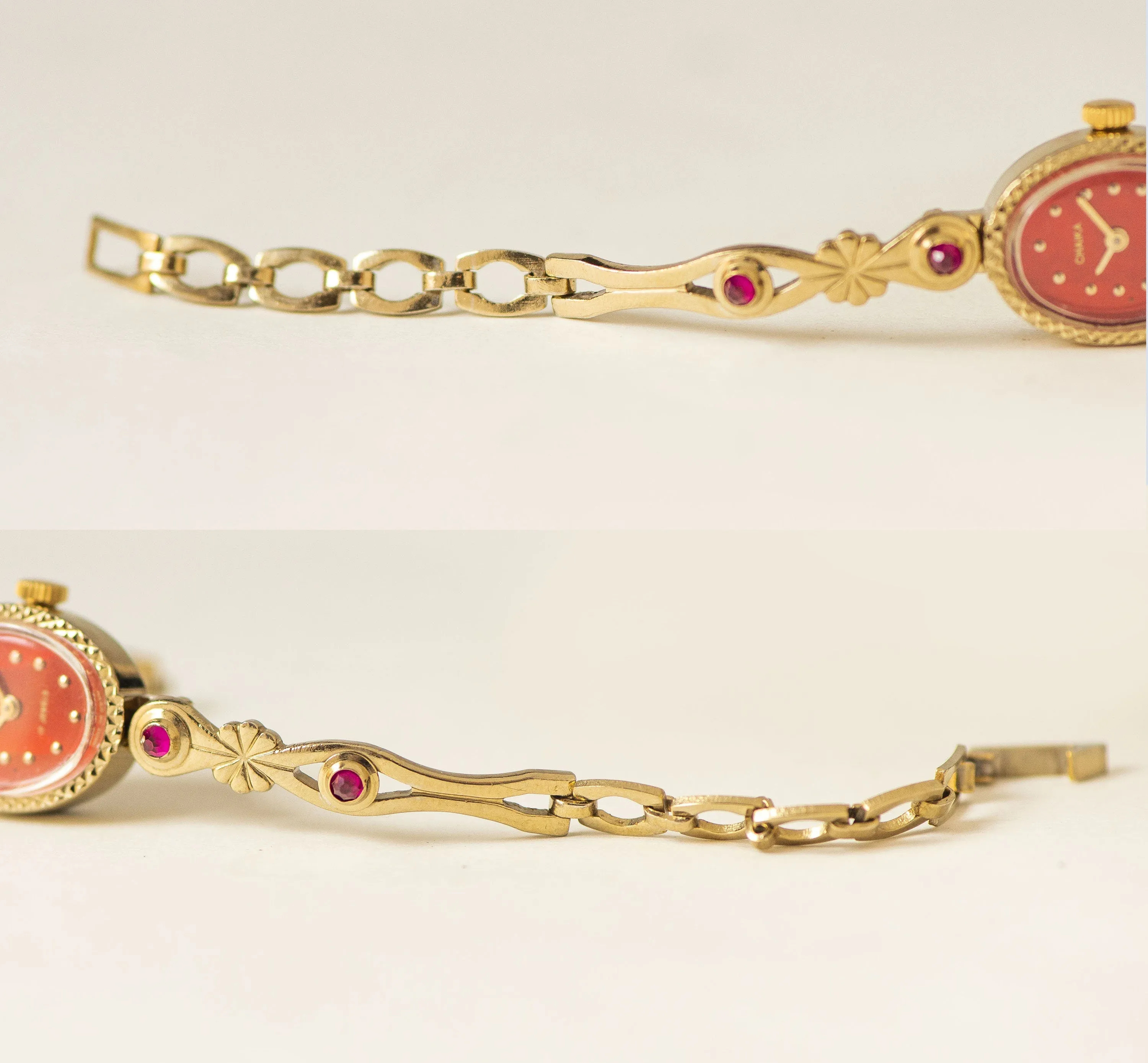 Red cocktail watch for women Seagull, women's watch gold shade, oval face lady watch, mint condition lady watch bracelet, posh women's watch