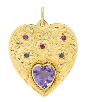 Retro Amethyst Ruby Sapphire 14 Karat Yellow Gold Vintage Heart Flower Pendant