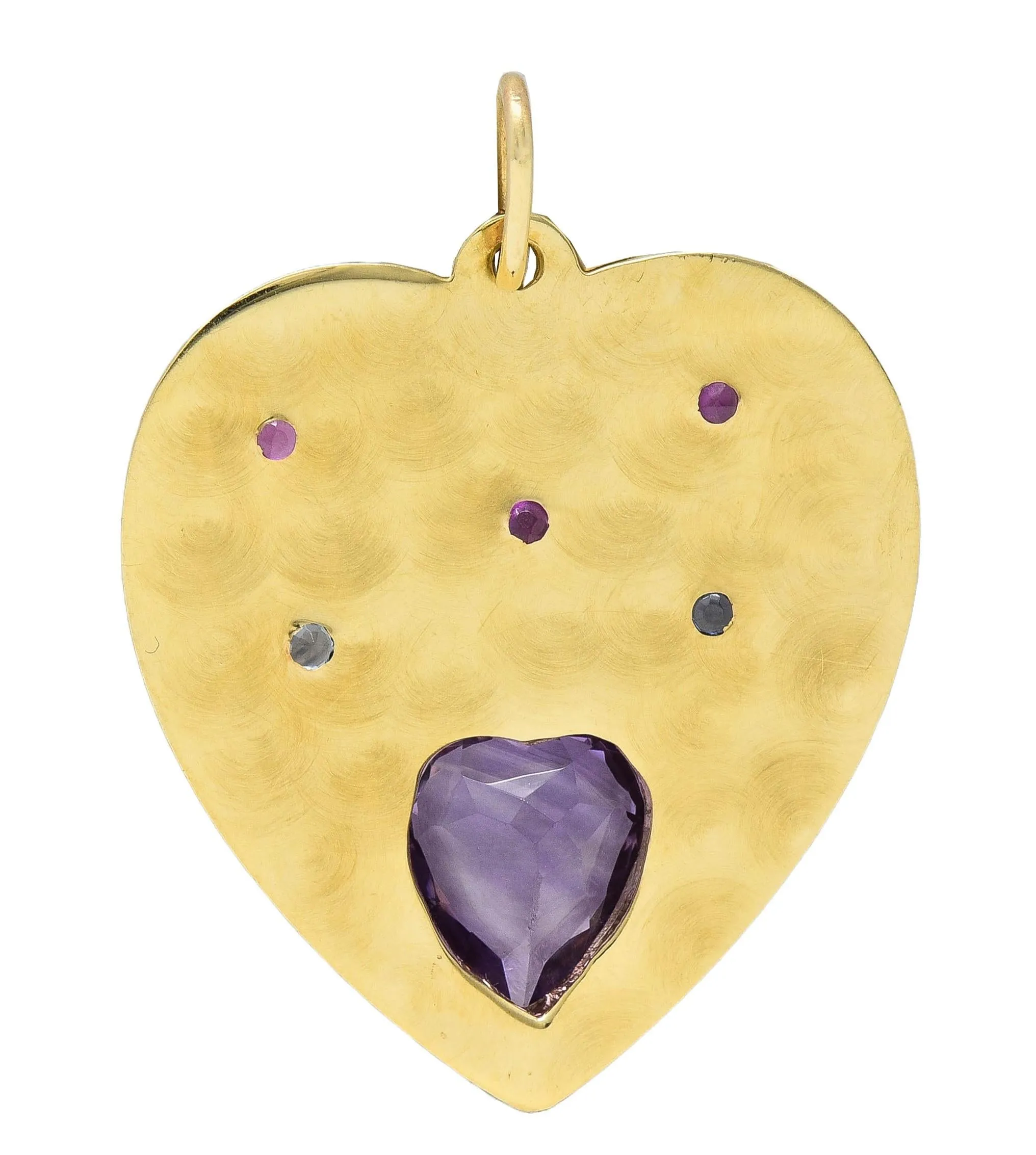Retro Amethyst Ruby Sapphire 14 Karat Yellow Gold Vintage Heart Flower Pendant