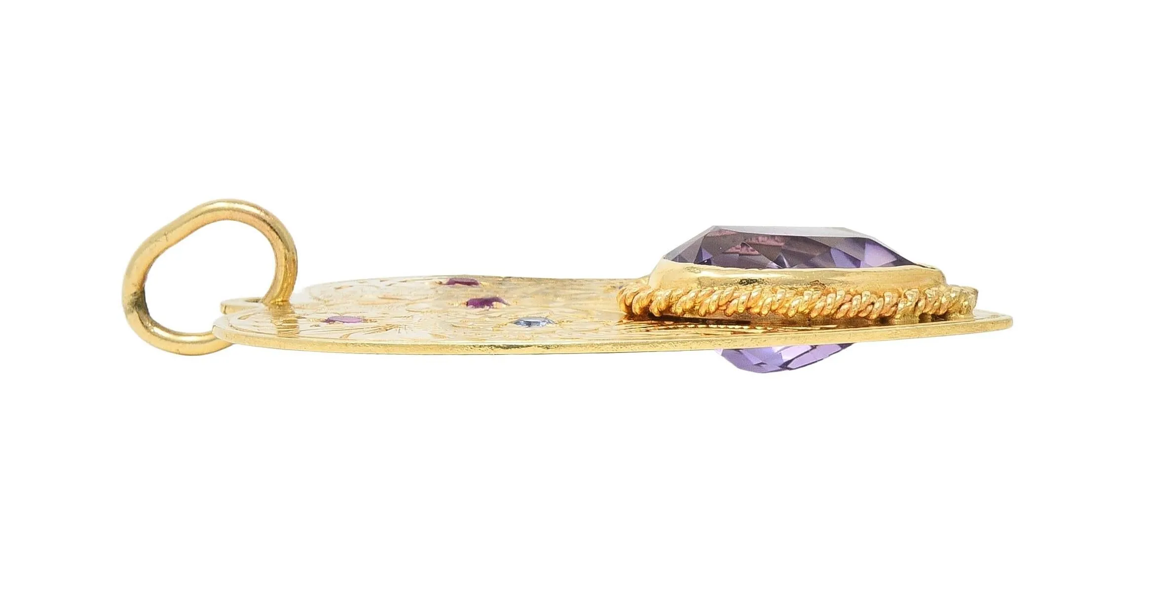 Retro Amethyst Ruby Sapphire 14 Karat Yellow Gold Vintage Heart Flower Pendant