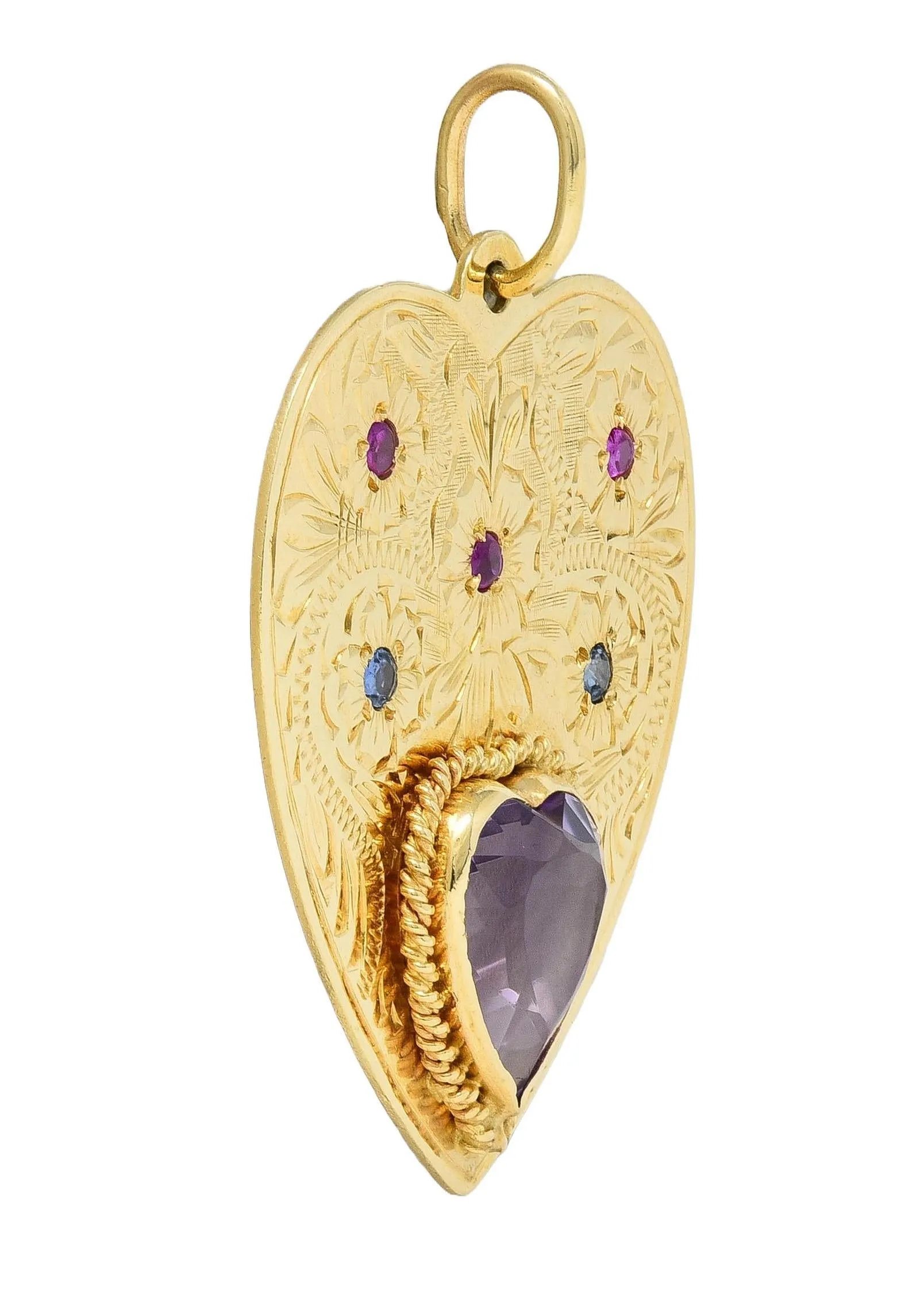 Retro Amethyst Ruby Sapphire 14 Karat Yellow Gold Vintage Heart Flower Pendant
