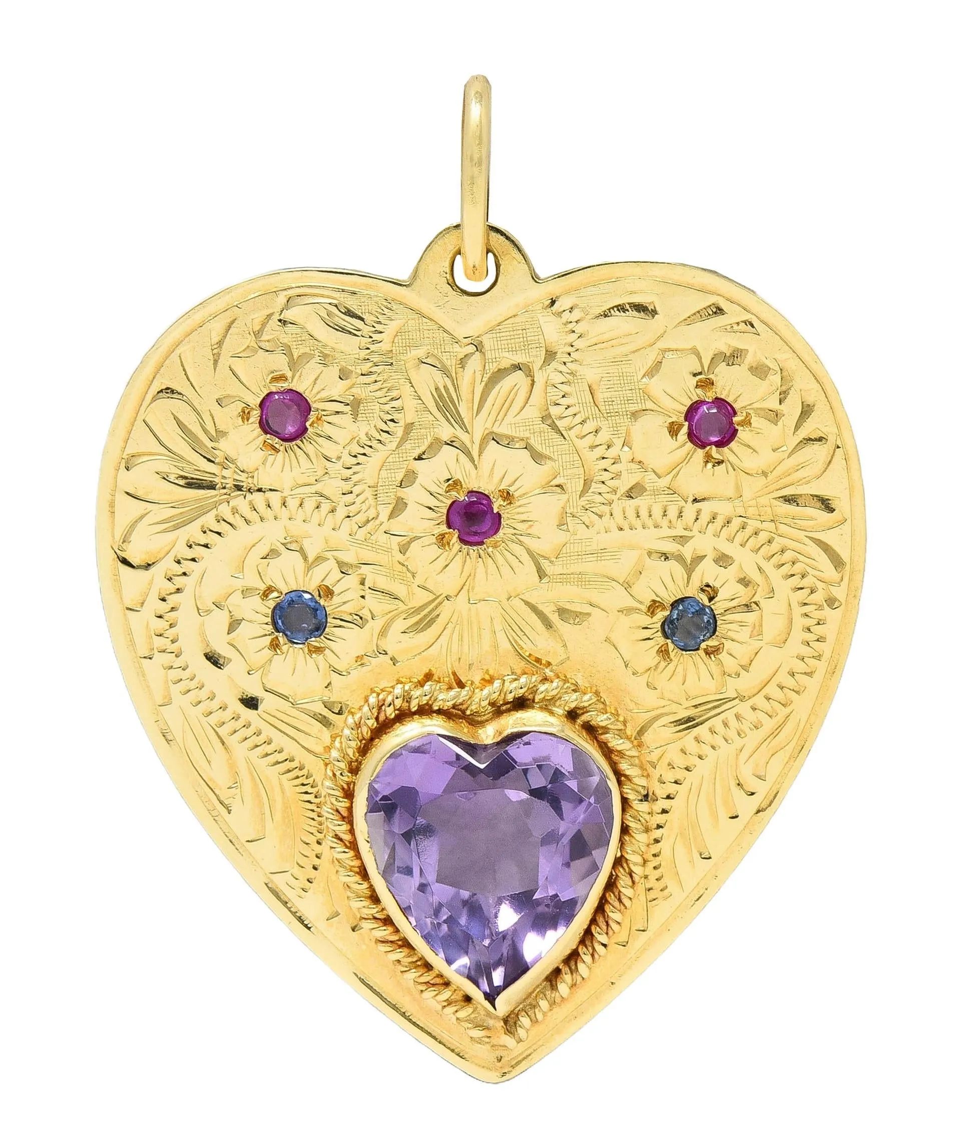 Retro Amethyst Ruby Sapphire 14 Karat Yellow Gold Vintage Heart Flower Pendant