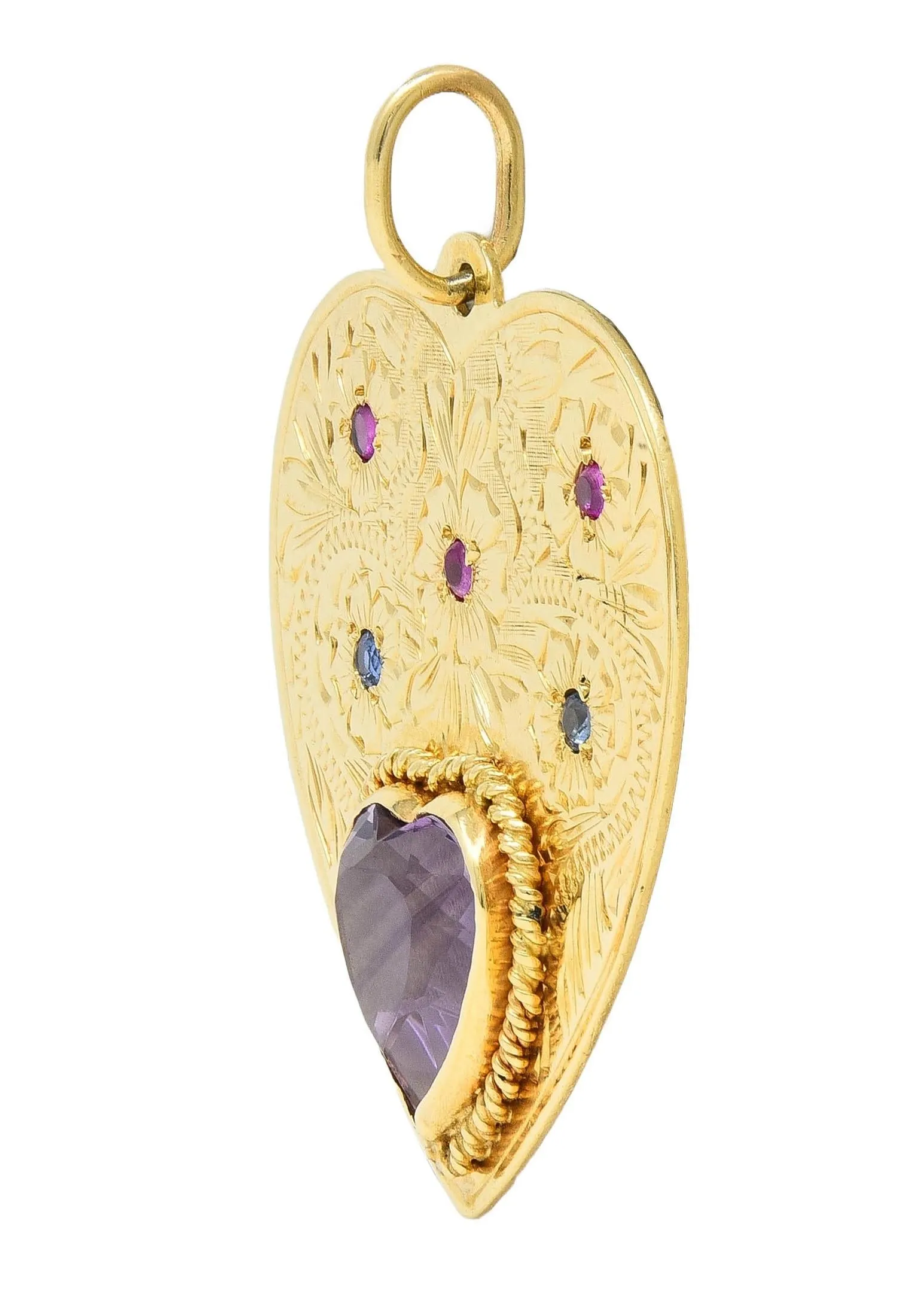 Retro Amethyst Ruby Sapphire 14 Karat Yellow Gold Vintage Heart Flower Pendant