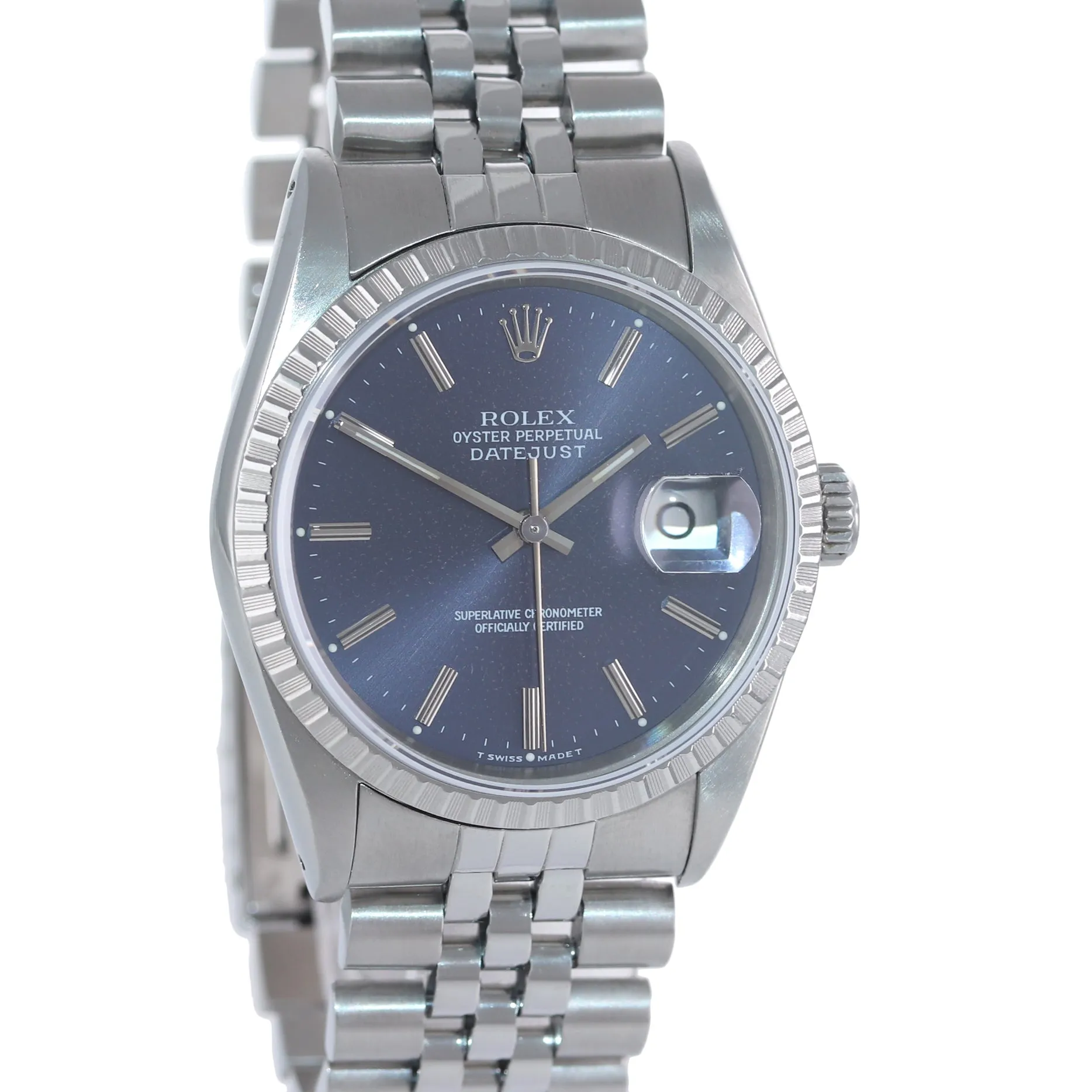 Rolex DateJust 36mm 16220 Steel Blue Stick Jubilee Band Date Watch