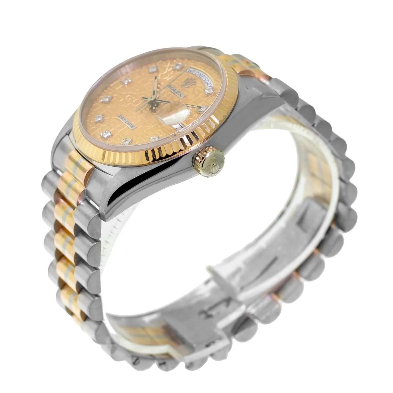 Rolex Day-Date 36mm Yellow, Rose and White Gold TRIDOR Champagne Jubilee Diamond Dial Fluted Bezel 18039