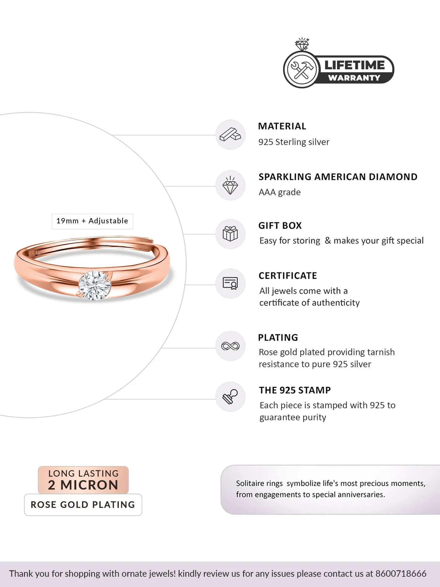 Rose Gold Adjustable Solitaire Band Ring For Men