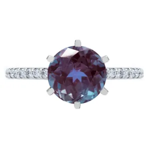 Round Alexandrite 6 Prongs Diamond Accent Ice Cathedral Solitaire Ring