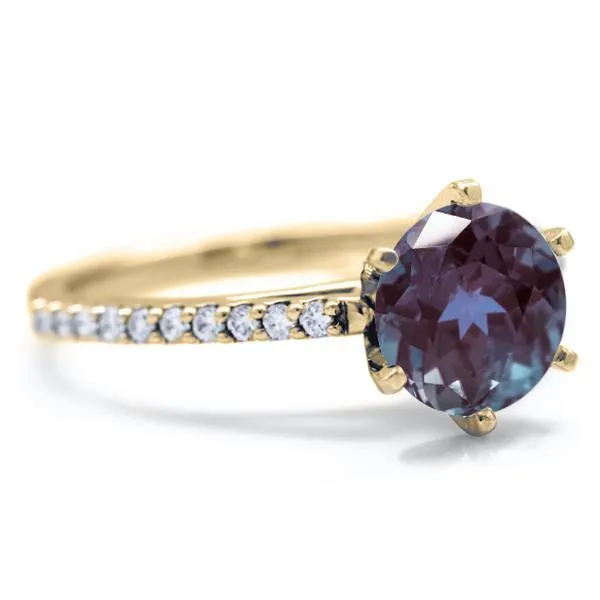 Round Alexandrite 6 Prongs Diamond Accent Ice Cathedral Solitaire Ring