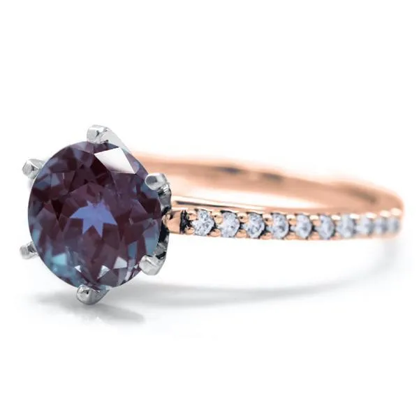 Round Alexandrite 6 Prongs Diamond Accent Ice Cathedral Solitaire Ring