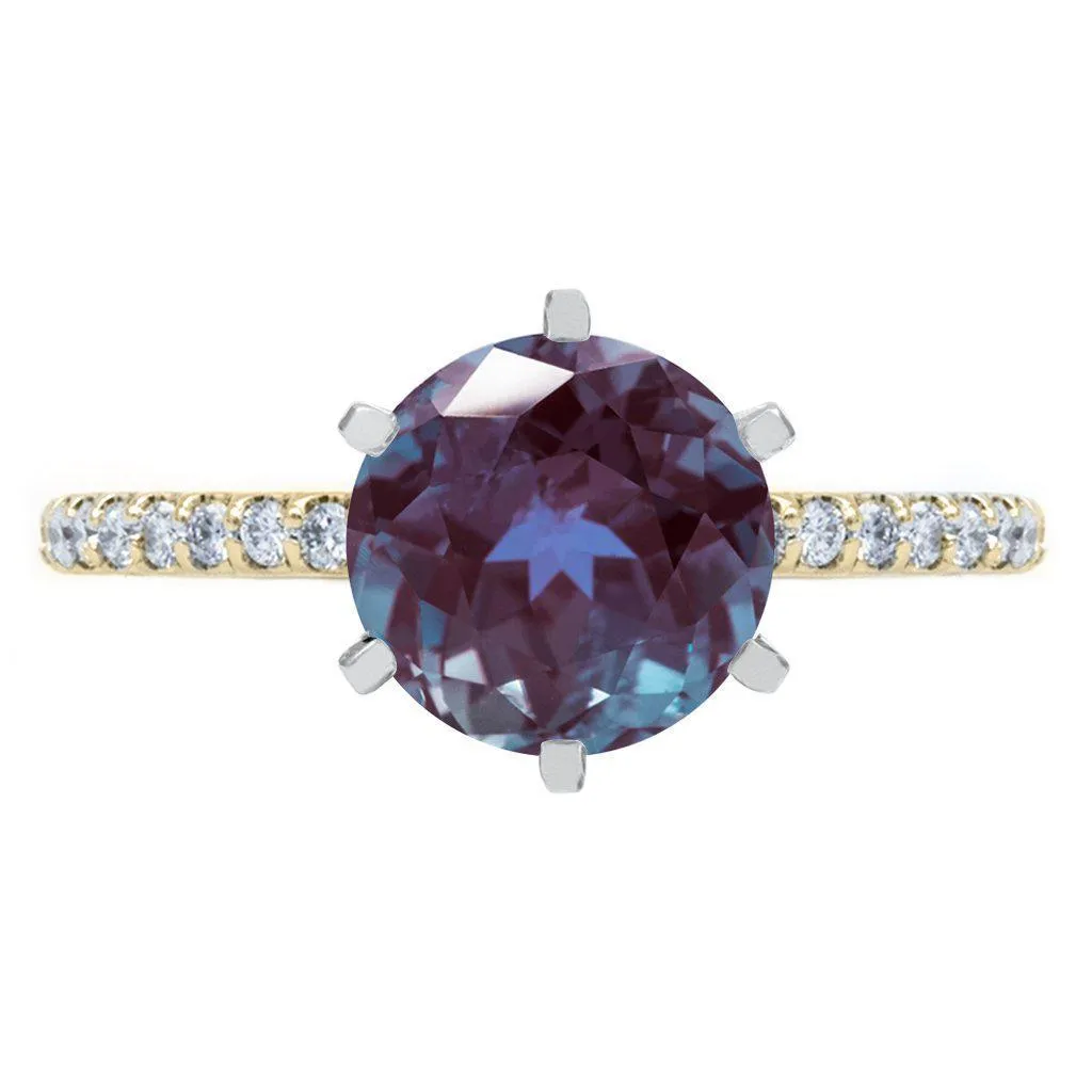 Round Alexandrite 6 Prongs Diamond Accent Ice Cathedral Solitaire Ring