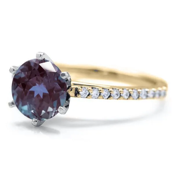 Round Alexandrite 6 Prongs Diamond Accent Ice Cathedral Solitaire Ring