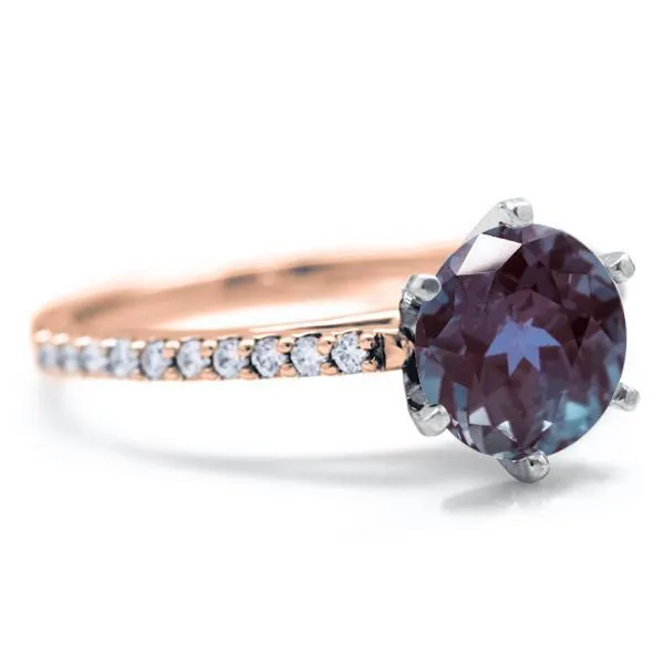 Round Alexandrite 6 Prongs Diamond Accent Ice Cathedral Solitaire Ring