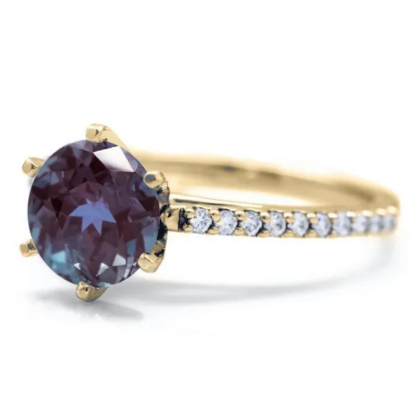 Round Alexandrite 6 Prongs Diamond Accent Ice Cathedral Solitaire Ring