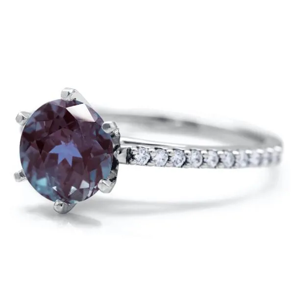 Round Alexandrite 6 Prongs Diamond Accent Ice Cathedral Solitaire Ring
