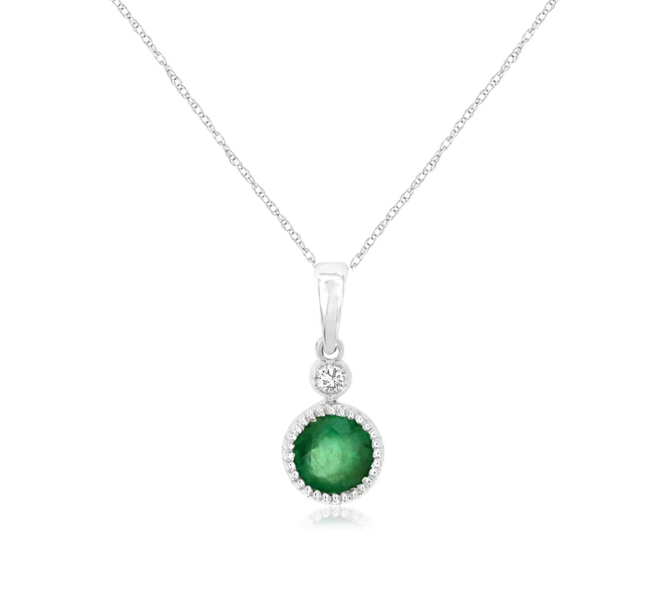 Round Emerald and Diamond Milgrain Bezel Pendant Necklace in 14k White Gold