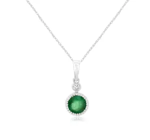 Round Emerald and Diamond Milgrain Bezel Pendant Necklace in 14k White Gold