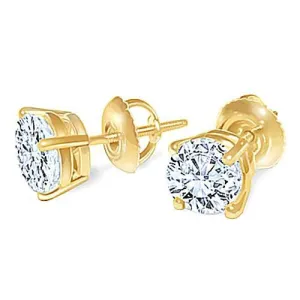 Round Natural Earth Mined Diamond Stud Earring Pair 1.80 Carats Yellow Gold 14K Studs
