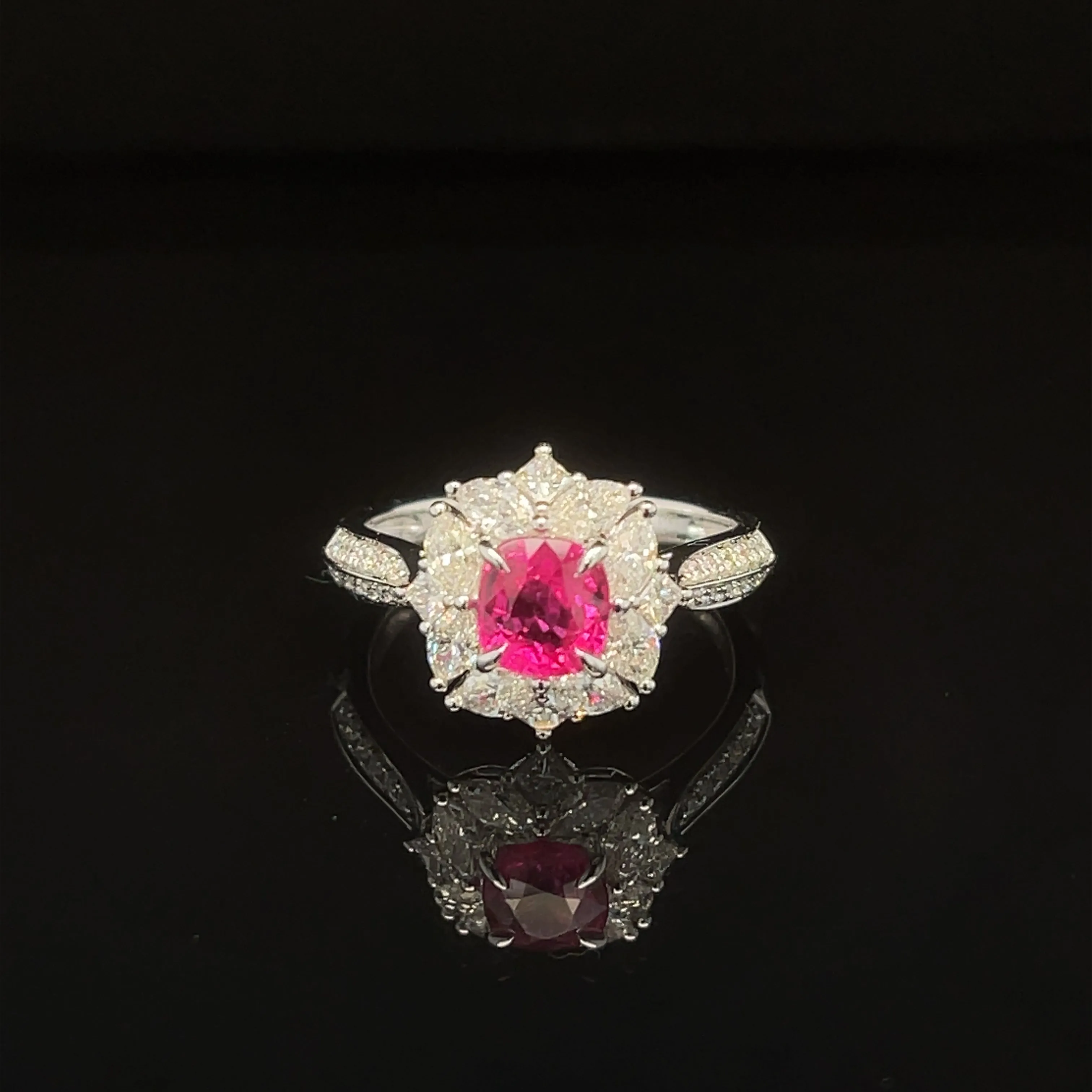 Ruby & Diamond Cluster Halo Knife Edge Ring in 18k White Gold - #602-RGRUB108155