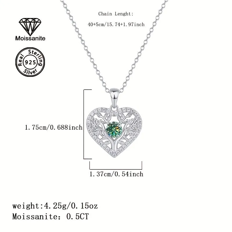 S925 Silver Colored Moissanite Heart Tree Pendant Necklace