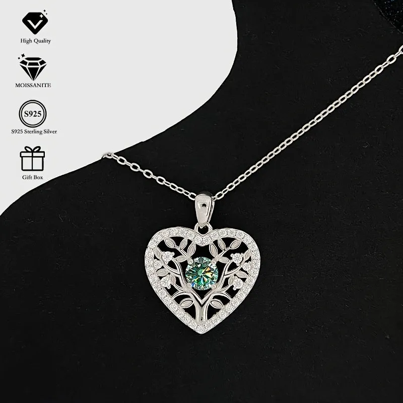 S925 Silver Colored Moissanite Heart Tree Pendant Necklace
