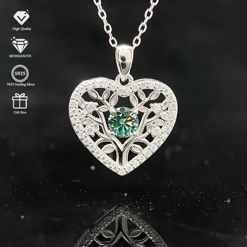 S925 Silver Colored Moissanite Heart Tree Pendant Necklace