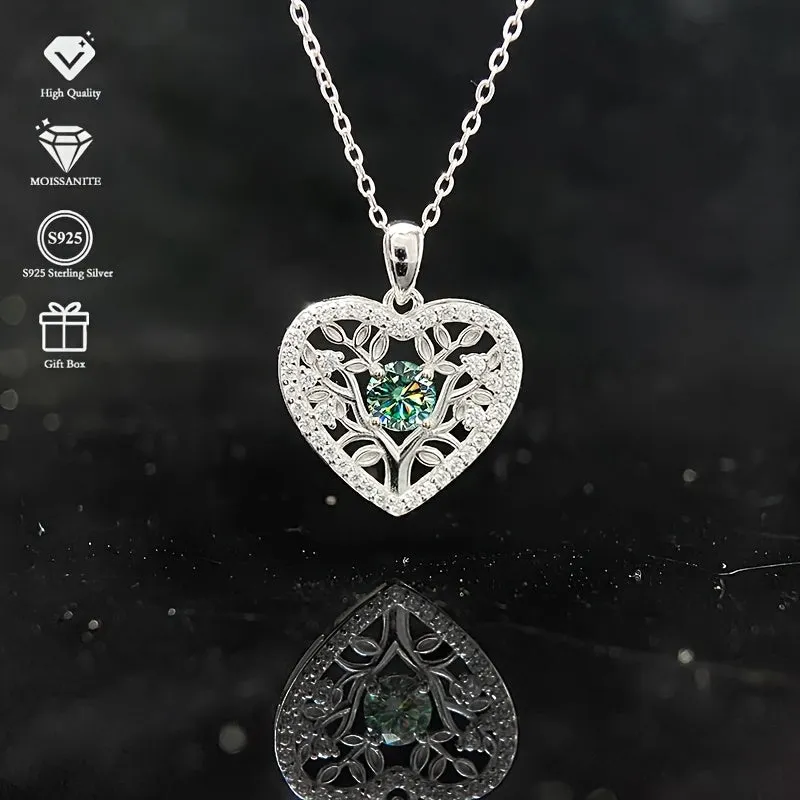 S925 Silver Colored Moissanite Heart Tree Pendant Necklace