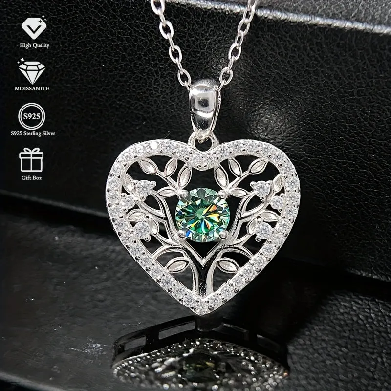 S925 Silver Colored Moissanite Heart Tree Pendant Necklace