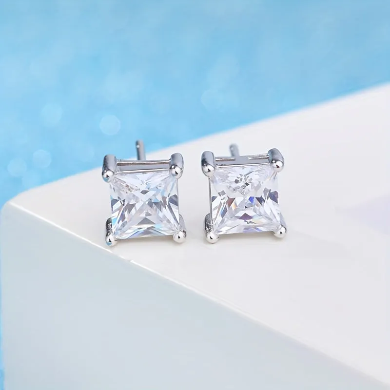 S925 Silver Earrings Square Zircon Ear Studs Platinum plated
