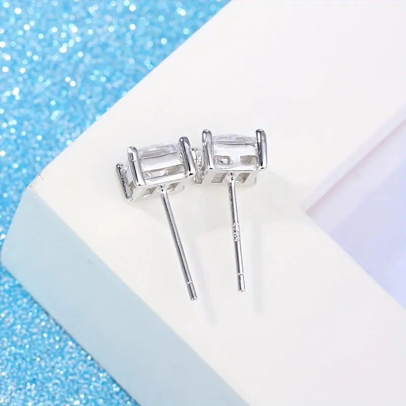 S925 Silver Earrings Square Zircon Ear Studs Platinum plated