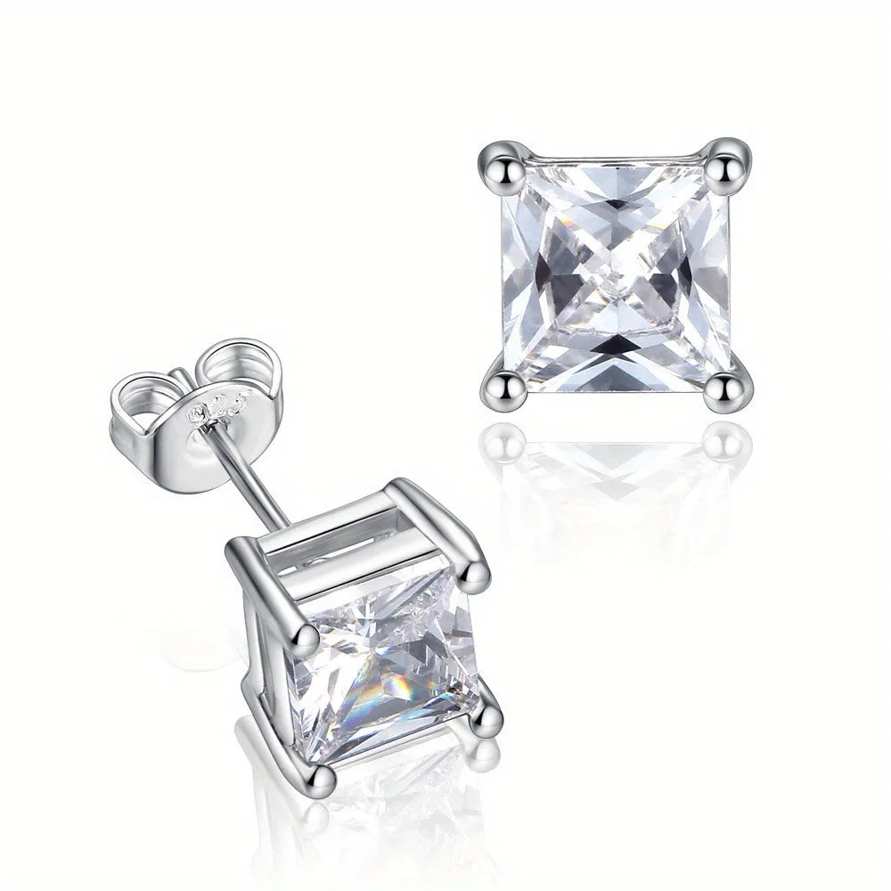 S925 Silver Earrings Square Zircon Ear Studs Platinum plated