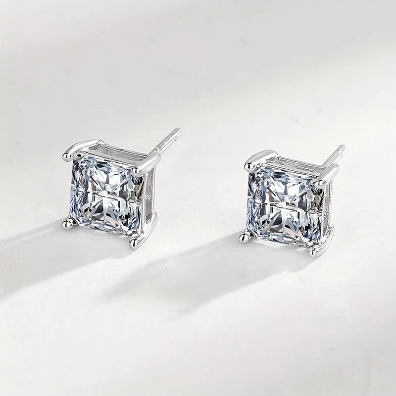 S925 Silver Earrings Square Zircon Ear Studs Platinum plated