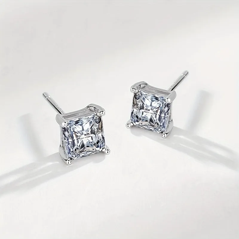 S925 Silver Earrings Square Zircon Ear Studs Platinum plated
