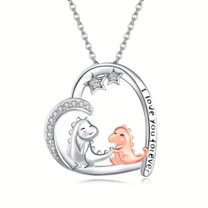 S925 Silver Heart Dinosaur Necklace for Women