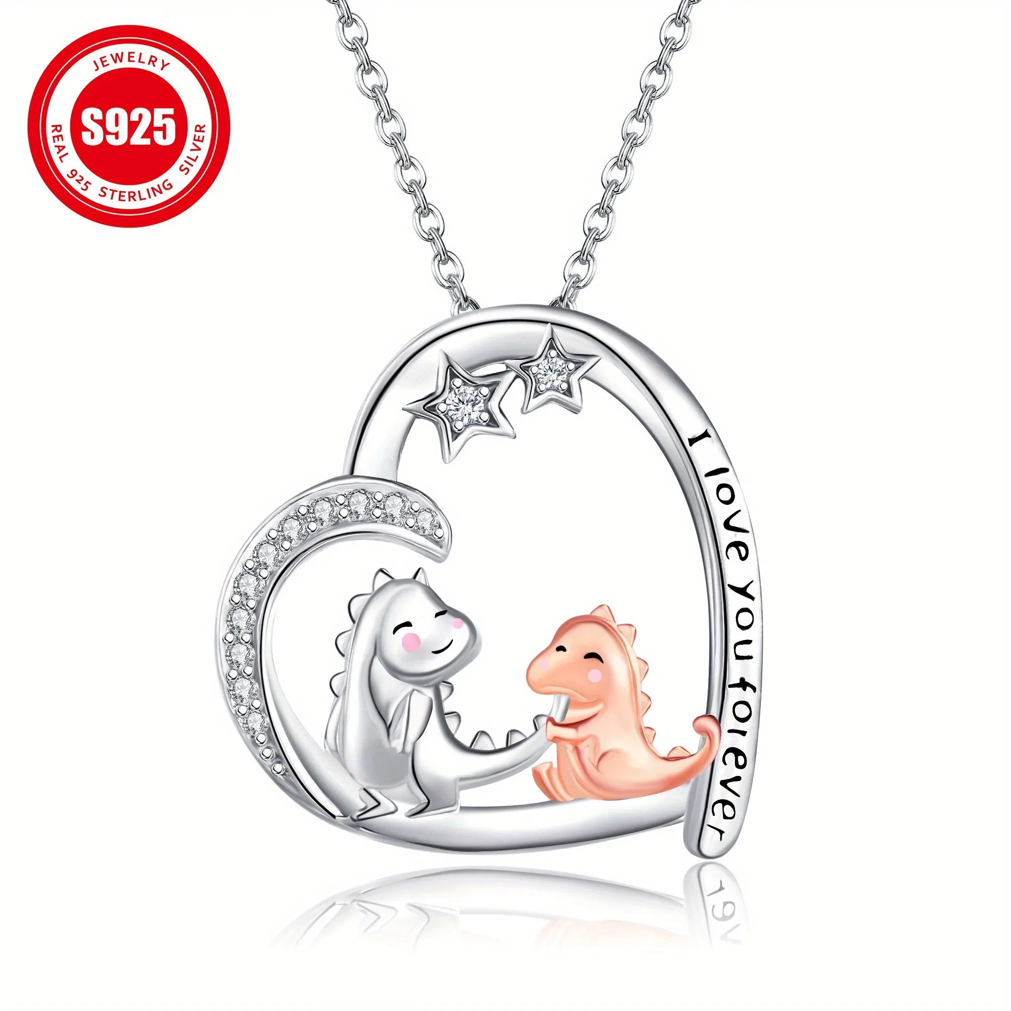 S925 Silver Heart Dinosaur Necklace for Women