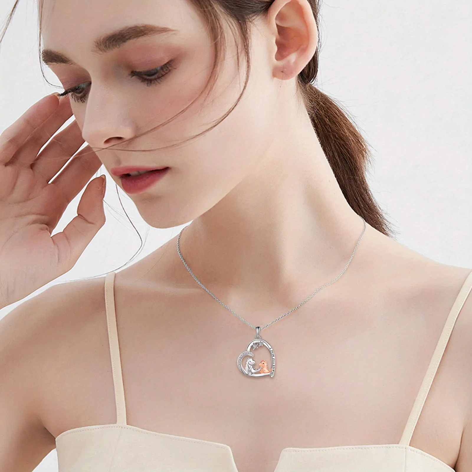 S925 Silver Heart Dinosaur Necklace for Women