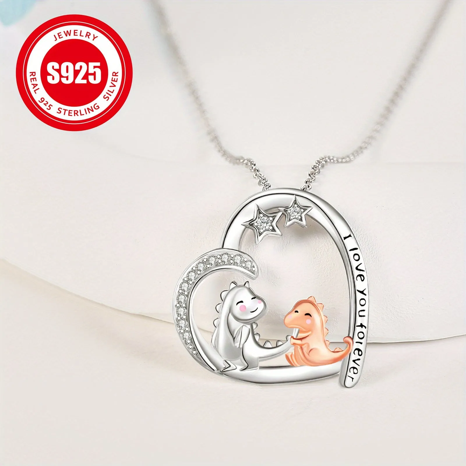 S925 Silver Heart Dinosaur Necklace for Women
