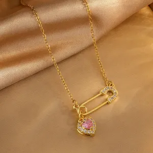 Safety-Heart Pin Shape 304 Stainless Steel Artificial Rhinestones 18K Gold Plated Necklace