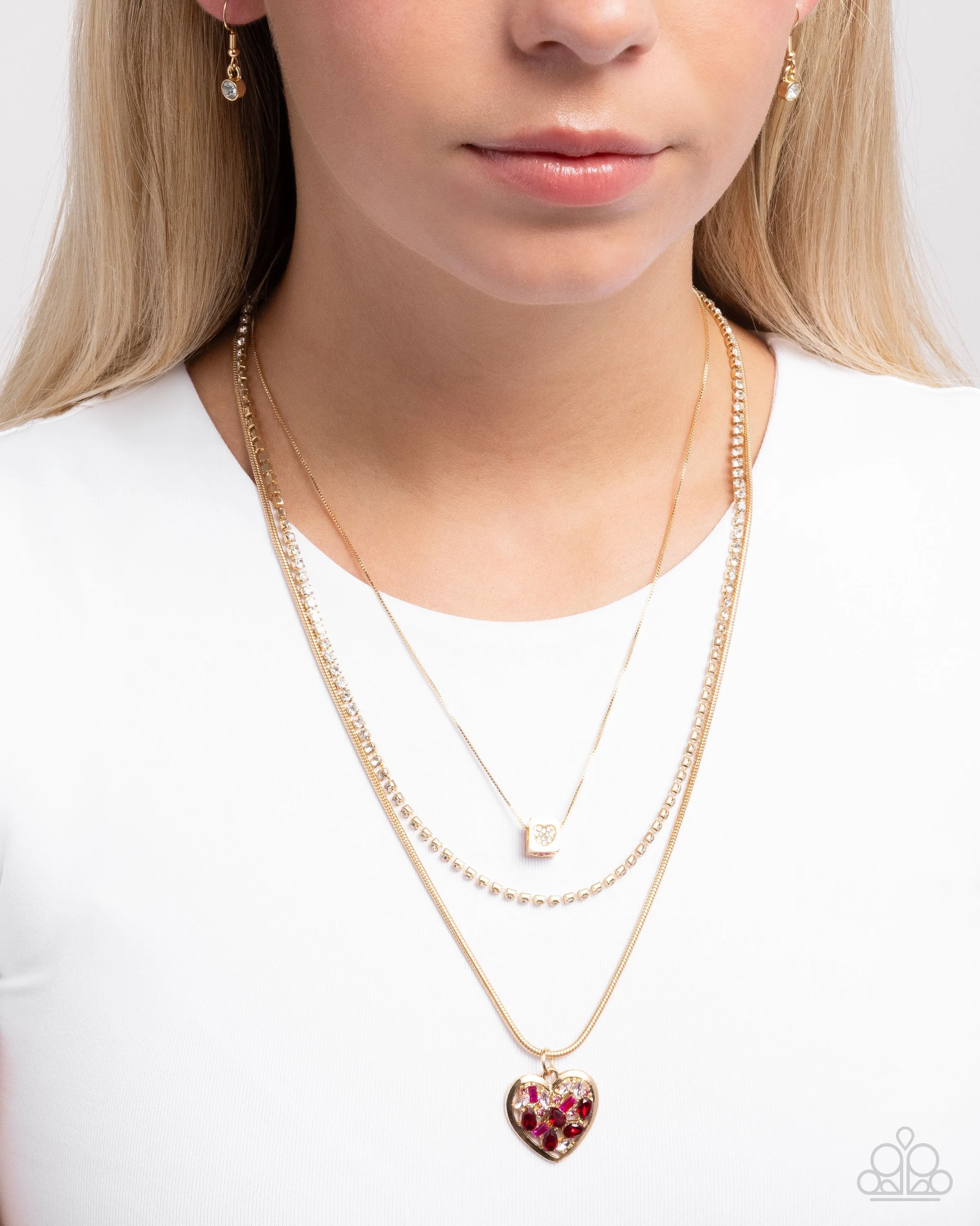 Seize the Sides - Gold - Chain, Red and Pink Rhinestone Heart Tiered Paparazzi Short Necklace