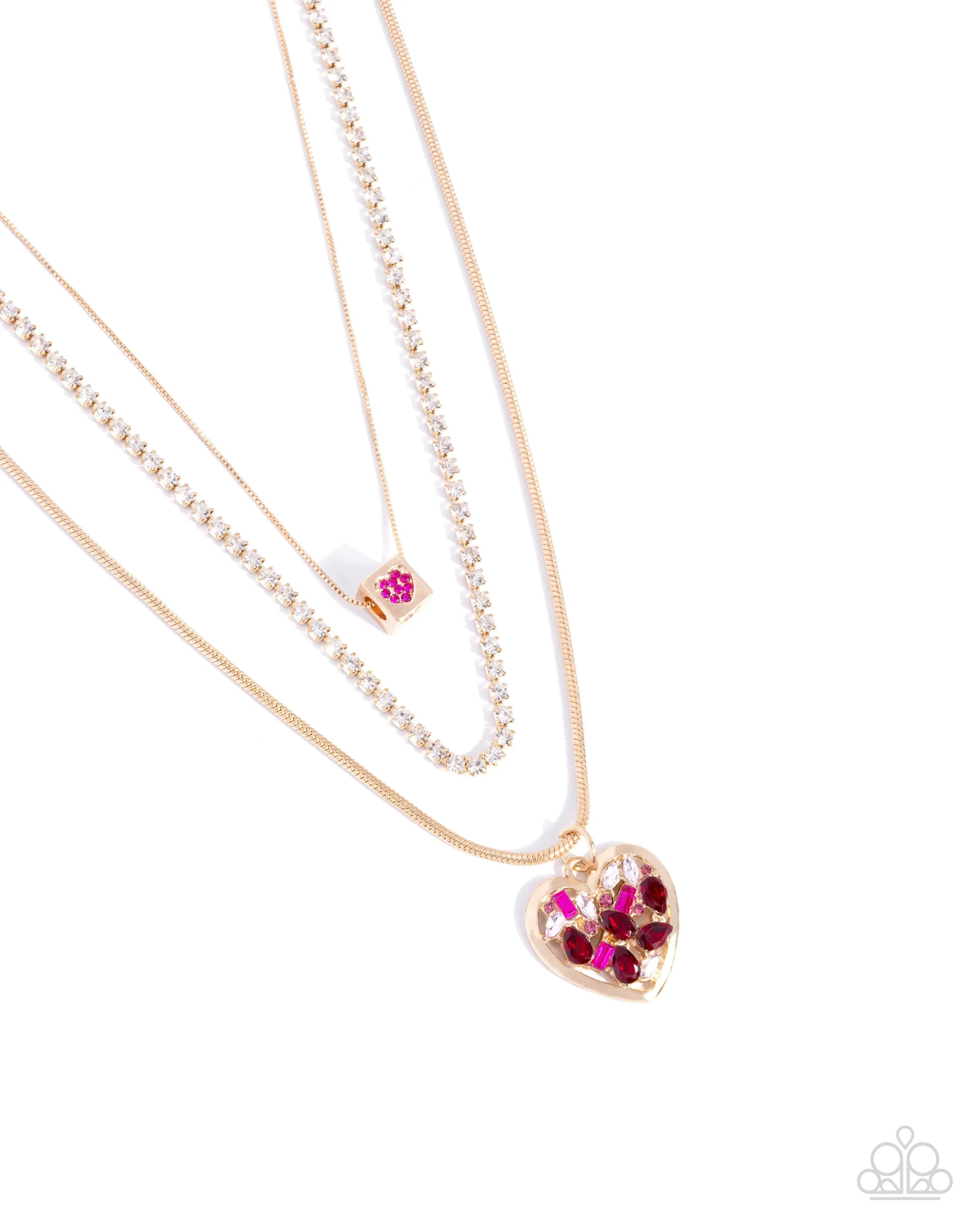 Seize the Sides - Gold - Chain, Red and Pink Rhinestone Heart Tiered Paparazzi Short Necklace