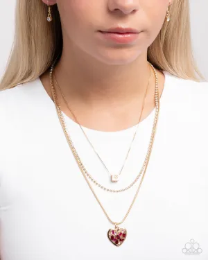 Seize the Sides - Gold - Chain, Red and Pink Rhinestone Heart Tiered Paparazzi Short Necklace