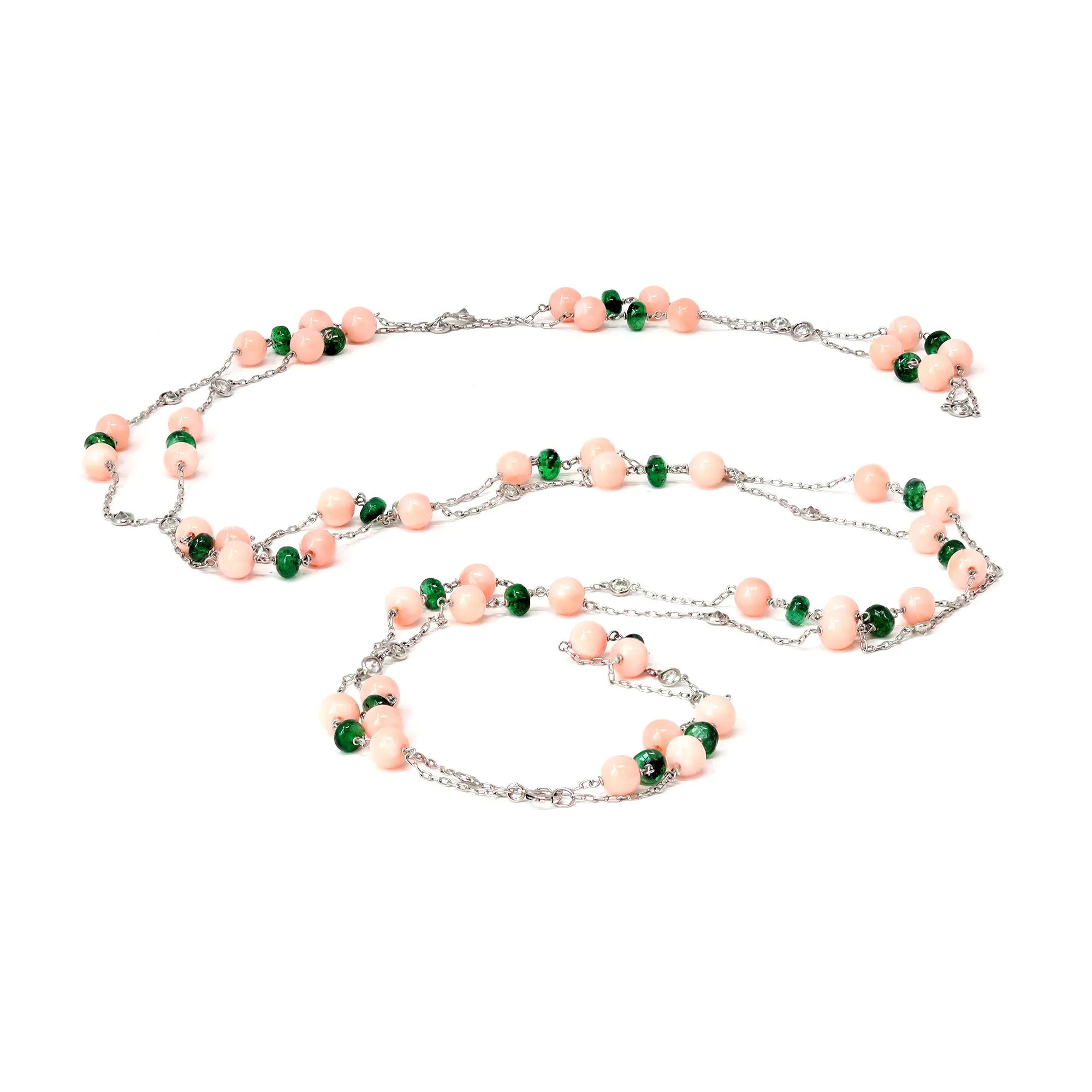 Signed Rosaria Varra Angel-Skin Coral Emerald Bead and Diamond Opera Necklace
