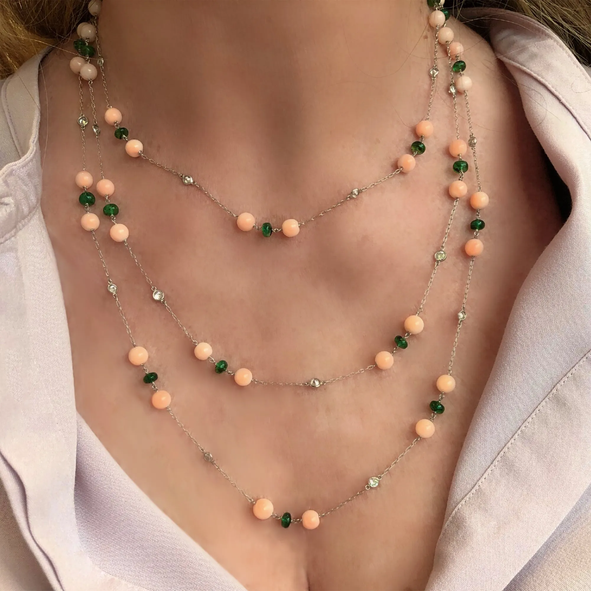 Signed Rosaria Varra Angel-Skin Coral Emerald Bead and Diamond Opera Necklace