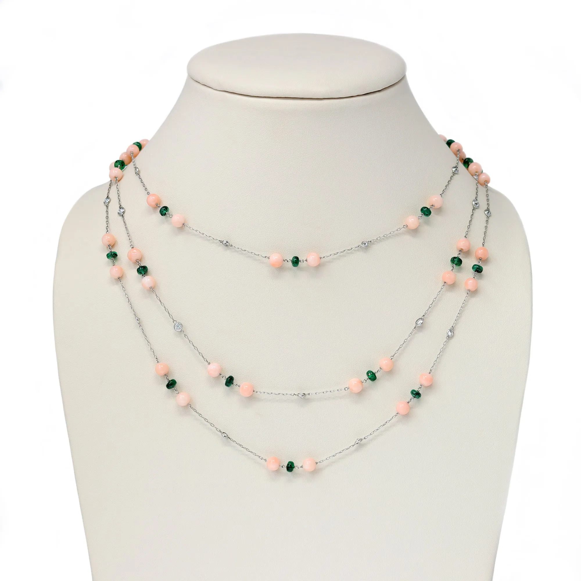 Signed Rosaria Varra Angel-Skin Coral Emerald Bead and Diamond Opera Necklace