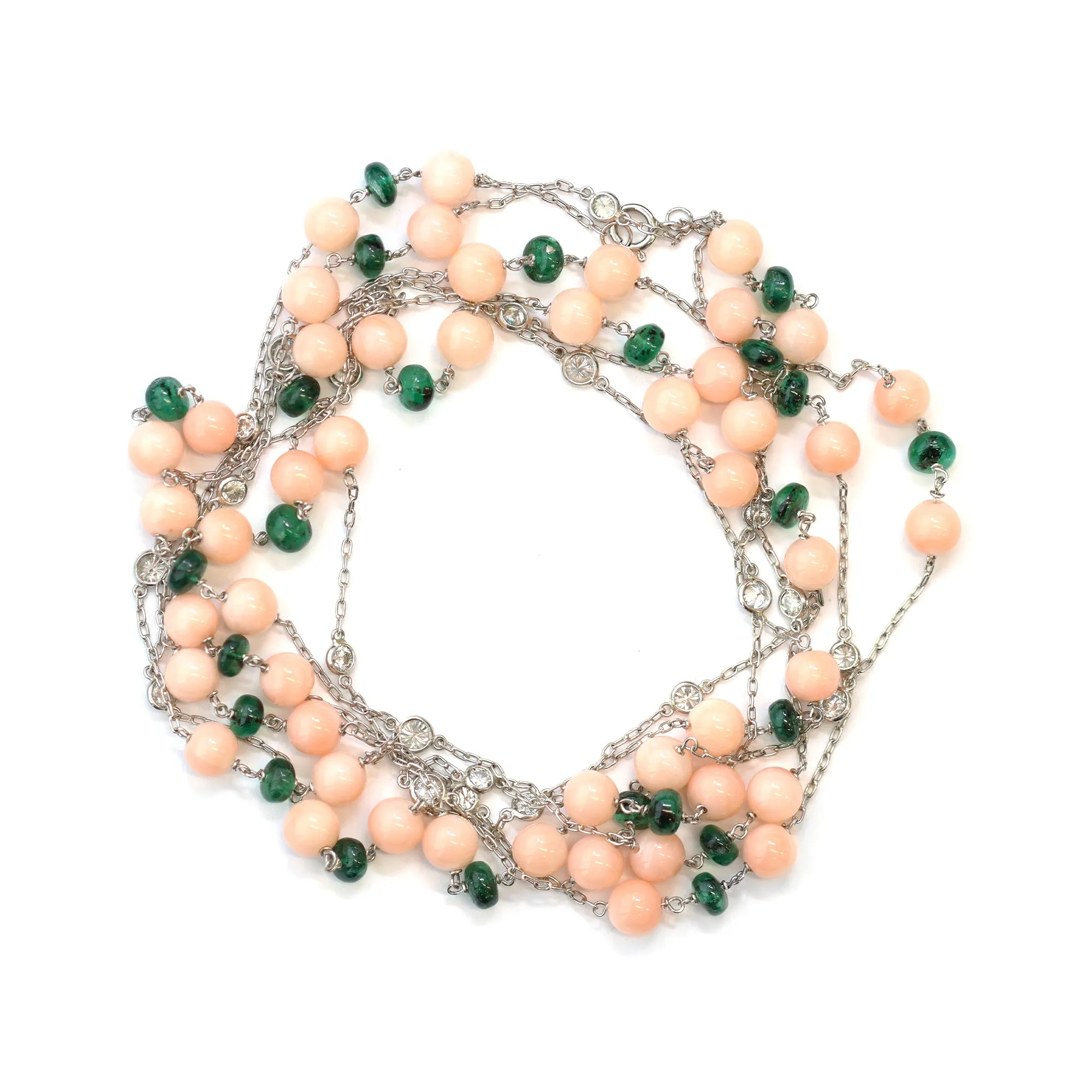 Signed Rosaria Varra Angel-Skin Coral Emerald Bead and Diamond Opera Necklace