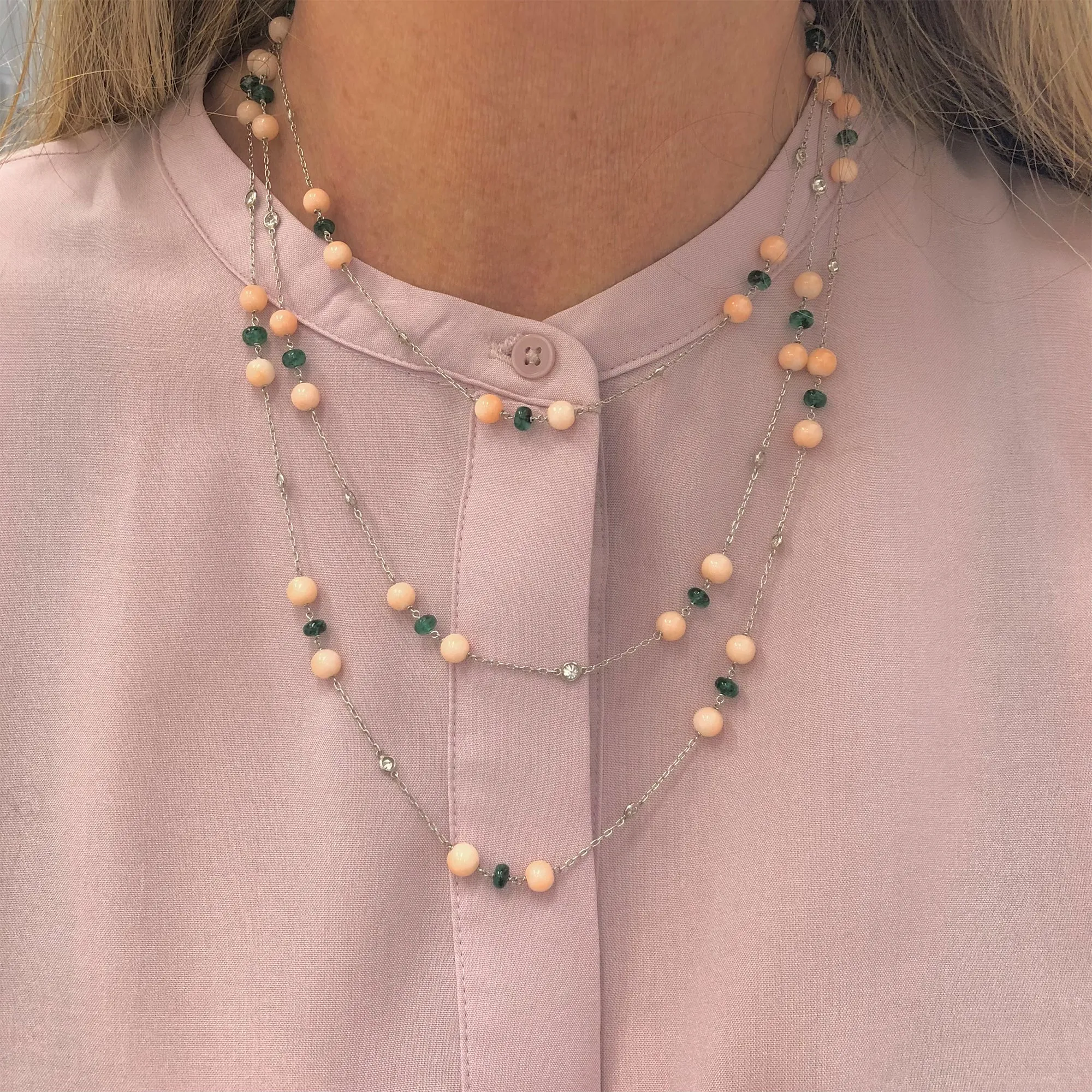 Signed Rosaria Varra Angel-Skin Coral Emerald Bead and Diamond Opera Necklace